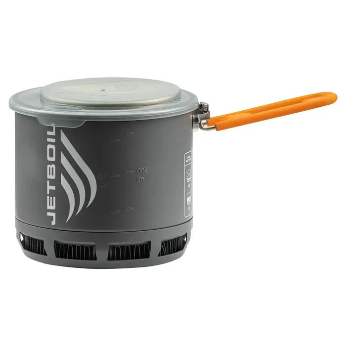 Jetboil Stash Carbon Camping Stove pot with lid and orange handle, featuring integrated heat exchanger for fast boiling performance.  from  John Bull Clothing