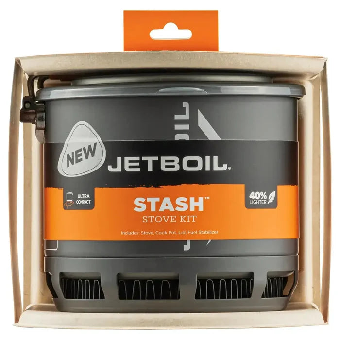 Jetboil Stash Carbon Camping Stove kit in retail packaging, showcasing compact ultralight design for backpacking and camping use.  from  John Bull Clothing