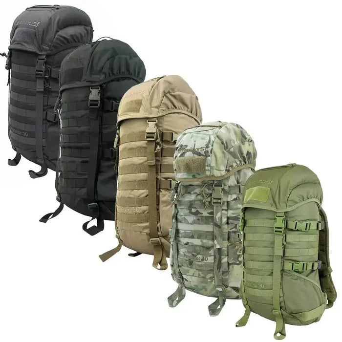 Karrimor Predator 30 Litre Daysack in multiple colors including black, coyote, green, and camouflage, designed for hiking and tactical use.  from  John Bull Clothing