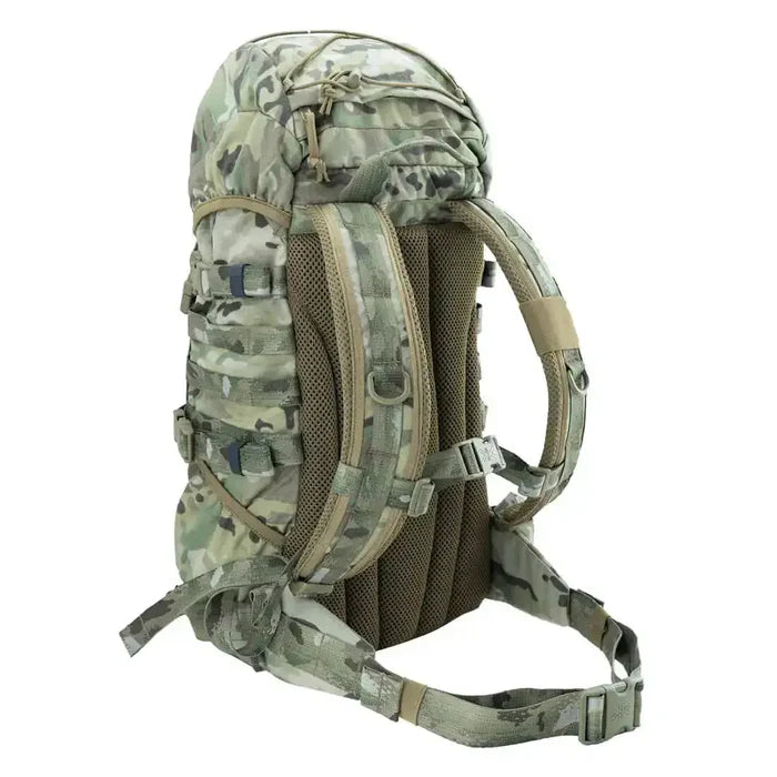 Backside of the Karrimor Predator 30 Litre Daysack in camouflage, highlighting ergonomic padding, adjustable straps, and MOLLE attachment points.  from  John Bull Clothing