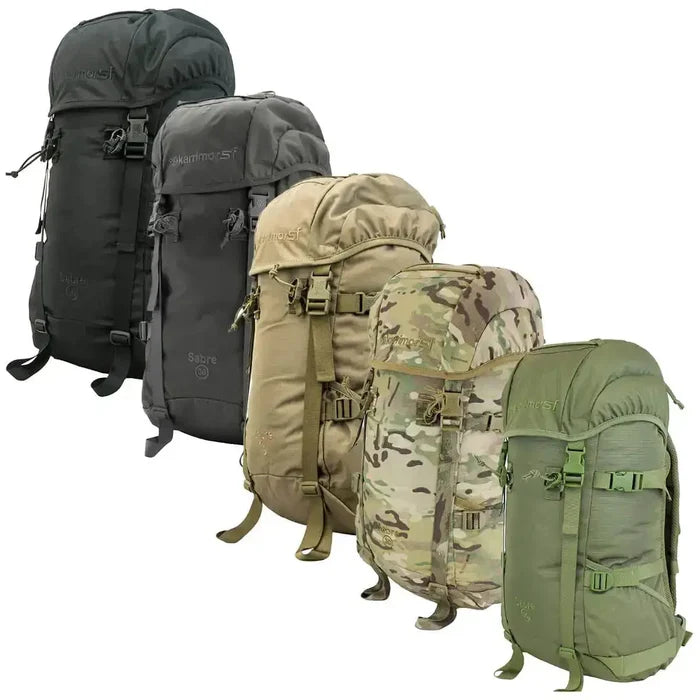 Karrimor SF Sabre 30 Rucksack in five color variations, including black, grey, coyote brown, camouflage, and olive green, ideal for tactical and outdoor use.  from  John Bull Clothing
