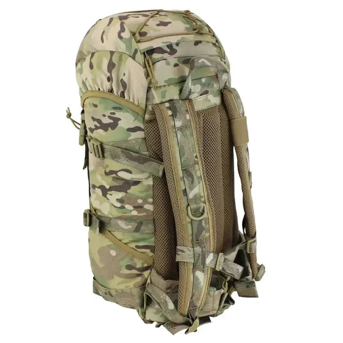 Rear view of Karrimor SF Sabre 30 Rucksack in camouflage, showcasing padded shoulder straps, breathable mesh back panel, and adjustable waist support.  from  John Bull Clothing