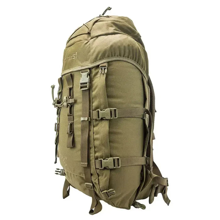 Karrimor SF Sabre 45 PLCE Rucksack in coyote brown with 45 litre capacity, featuring compression straps and MOLLE webbing for tactical use. Coyote from  John Bull Clothing