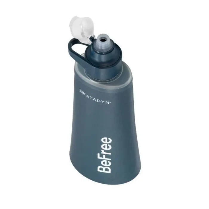 Top view of Katadyn BeFree AC Water Filter Bottle 1.0L in Slate Blue, showing ergonomic spout and secure cap for outdoor use.  from  John Bull Clothing
