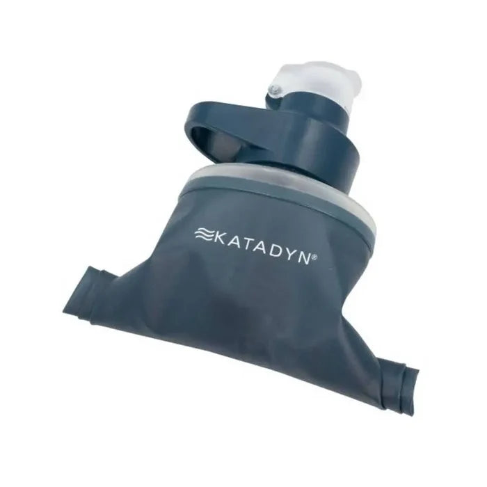 Collapsed Katadyn BeFree AC Water Filter Bottle 1.0L in Slate Blue, demonstrating flexible design for easy packing during hikes.  from  John Bull Clothing