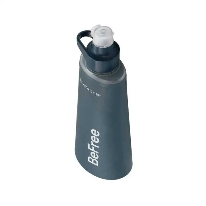 Angled view of Katadyn BeFree AC Water Filter Bottle 1.0L in Slate Blue, highlighting the wide mouth and filter-ready spout.  from  John Bull Clothing