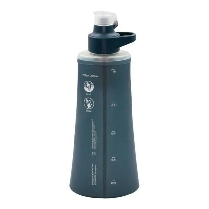 Back view of Katadyn BeFree AC Water Filter Bottle 1.0L in Slate Blue, showing volume markings and EZ-Clean instructions. Blue from  John Bull Clothing