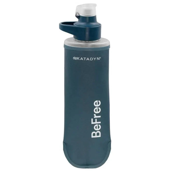 Katadyn BeFree AC Water Filter Bottle 500ml Slate Blue with flip-top cap, ideal for outdoor hydration and compact water filtration.  from  John Bull Clothing