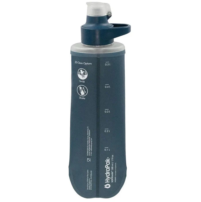 Back view of Katadyn BeFree AC Water Filter Bottle 500ml Slate Blue showing volume markings and cleaning instructions for outdoor use.  from  John Bull Clothing