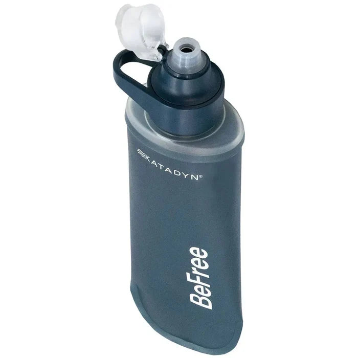 Top angle of Katadyn BeFree AC Water Filter Bottle 500ml Slate Blue with open nozzle, designed for easy drinking and filtration on the go.  from  John Bull Clothing