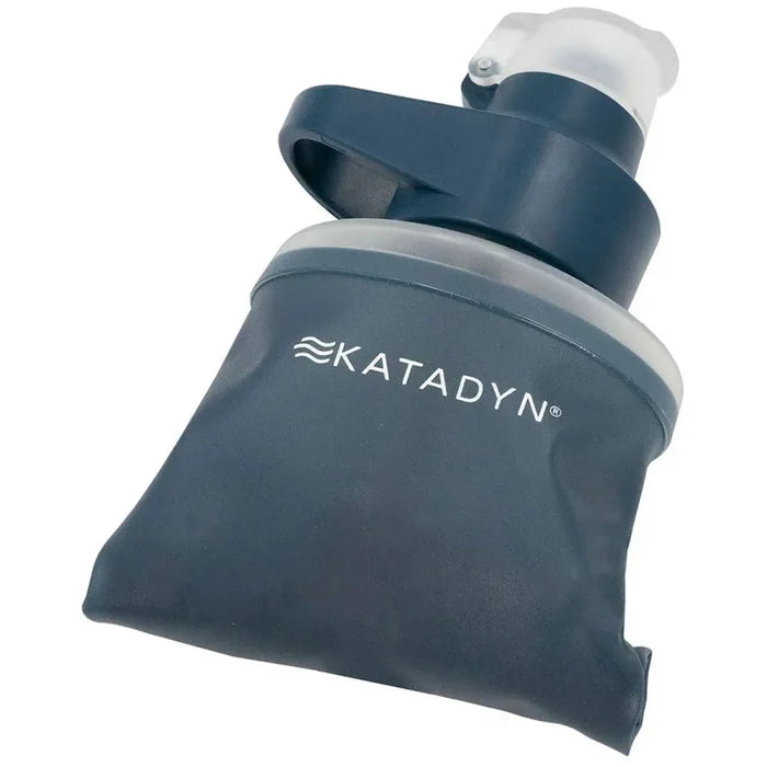 Katadyn BeFree AC Water Filter Bottle 500ml Slate Blue shown collapsed for compact storage, ideal for backpacking and travel.  from  John Bull Clothing