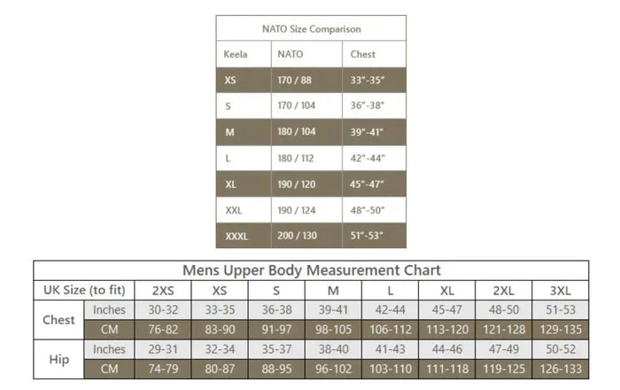 Keela Hermod Multicam Lightweight Windproof Jacket Keela Size Charts with Nato Size equivalents  from  John Bull Clothing