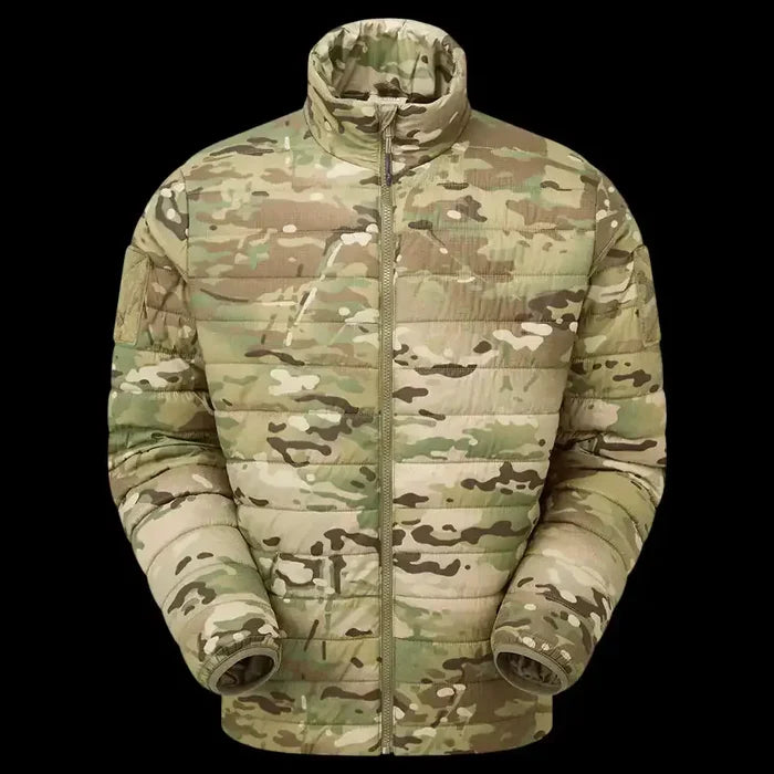 Keela Quantum Core Primaloft Jacket Multicam shown on black background, highlighting its insulated puffer construction and military-grade pattern.  from  John Bull Clothing