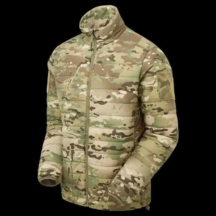 Side view of Keela Quantum Core Primaloft Jacket Multicam featuring zipped pockets and reinforced shoulder panels for tactical use.  from  John Bull Clothing