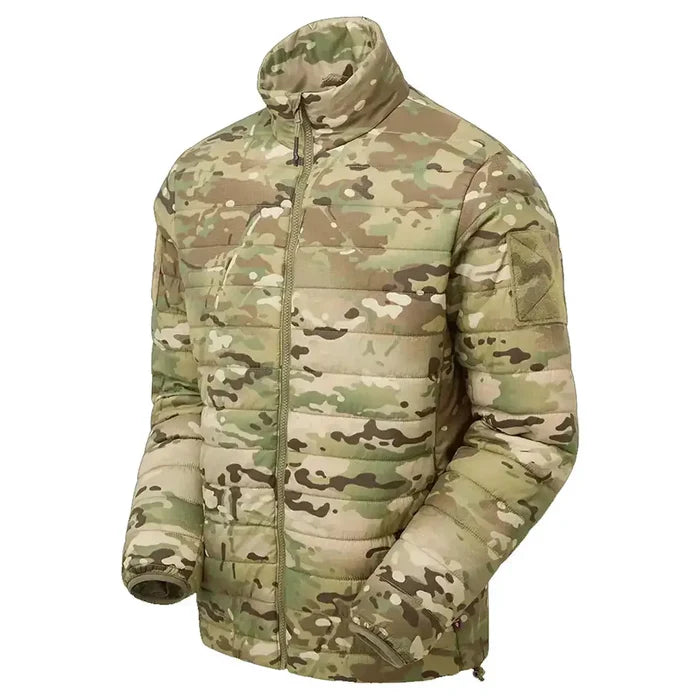 Angled front view of Keela Quantum Core Primaloft Jacket Multicam displaying ergonomic fit and durable camo outer shell.  from  John Bull Clothing