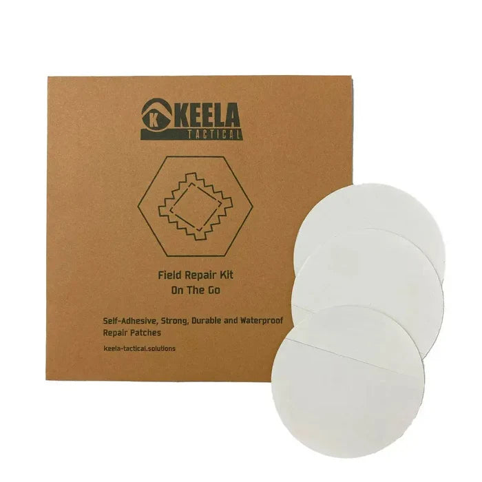 Keela Tactical Field Repair Kit with three clear self-adhesive patches for emergency outdoor gear repairs. Strong, durable, and waterproof.  from  John Bull Clothing
