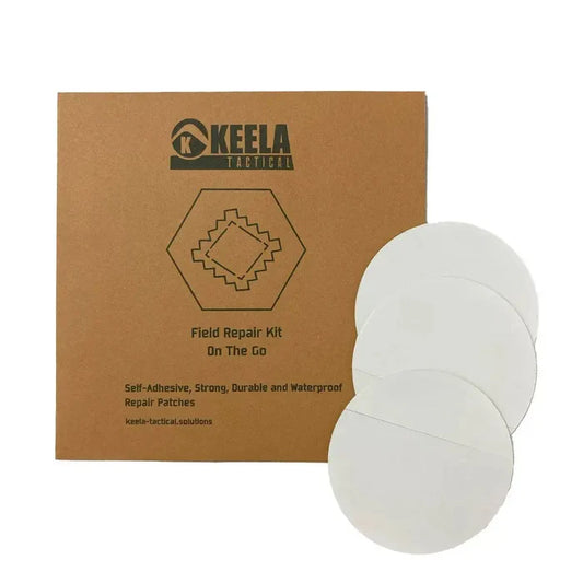 Keela Tactical Field Repair Kit with three clear self-adhesive patches for emergency outdoor gear repairs. Strong, durable, and waterproof.  from  John Bull Clothing