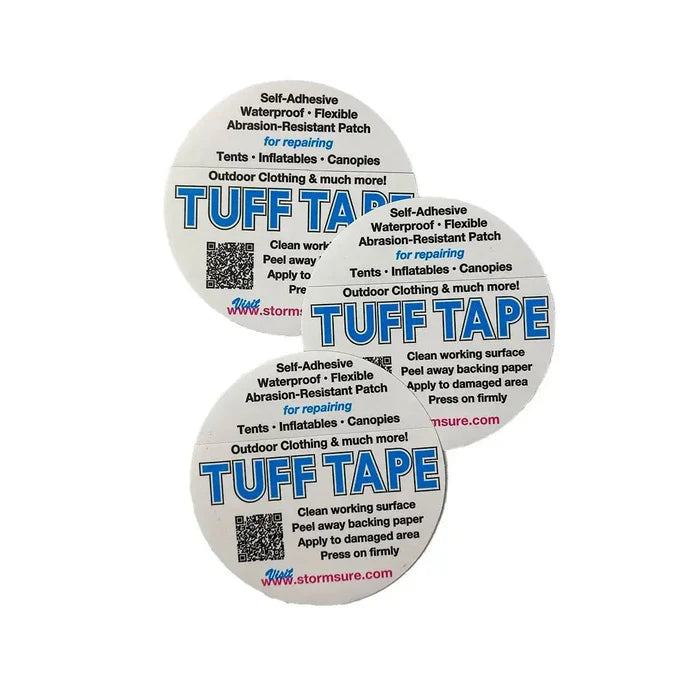 Three Tuff Tape self-adhesive waterproof patches for repairing outdoor clothing, tents, and inflatables. Strong, flexible, and abrasion-resistant.  from  John Bull Clothing
