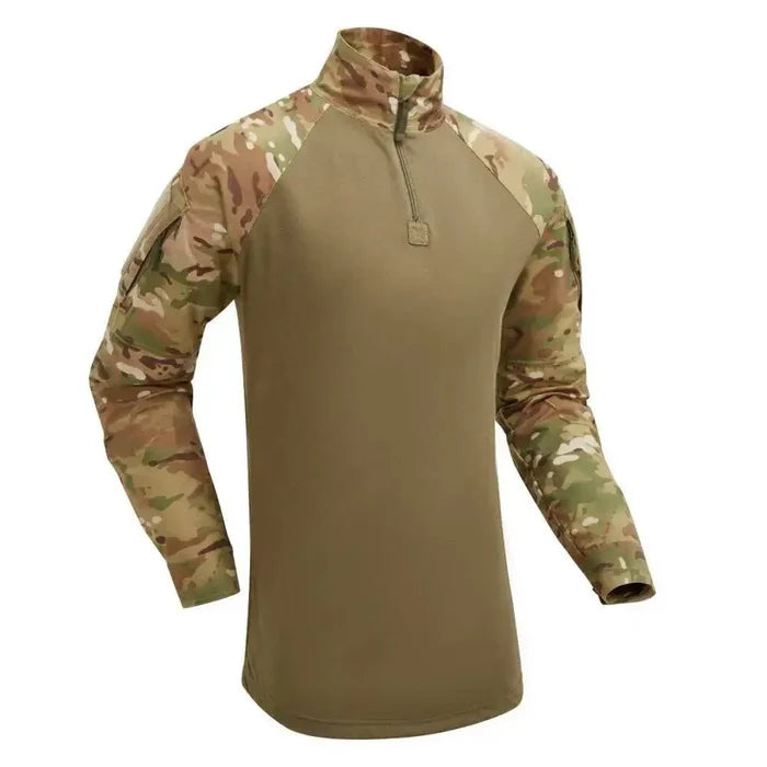 Front view of Keela Tactical UBAC Combat Shirt Multicam featuring quarter zip and reinforced camo sleeves for tactical wear.  from  John Bull Clothing
