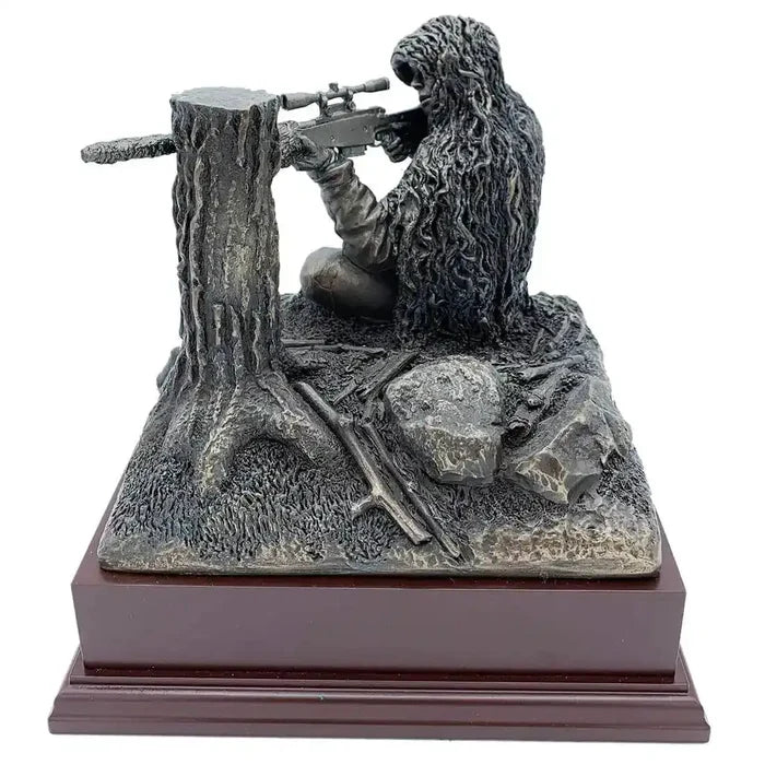 Side angle of Kneeling Sniper Bronze Resin Figurine with realistic terrain and rifle details, ideal for collectors of army statues and military artwork.  from  John Bull Clothing