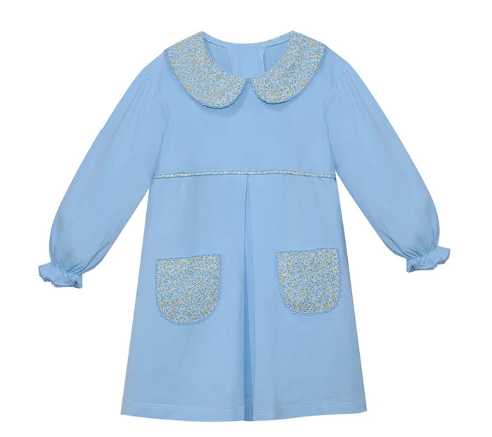 Knit Dress - Blue with Floral Pockets