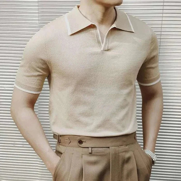 Knitted polo collar t-shirt - AntoniosClothing - White
