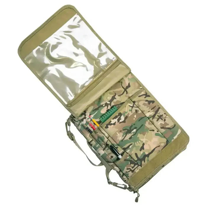 Fully opened Kombat A4 Folder Holder Multicam showing internal compartments for pens, notepad, phone, and map holder, ideal for field organization.  from  John Bull Clothing
