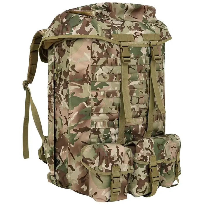 Kombat Airborne Bergen 100 Litre BTP military backpack in BTP camouflage with triple front pouches and rugged Tac-Poly fabric, ideal for heavy-duty use. Bergen Only from  John Bull Clothing