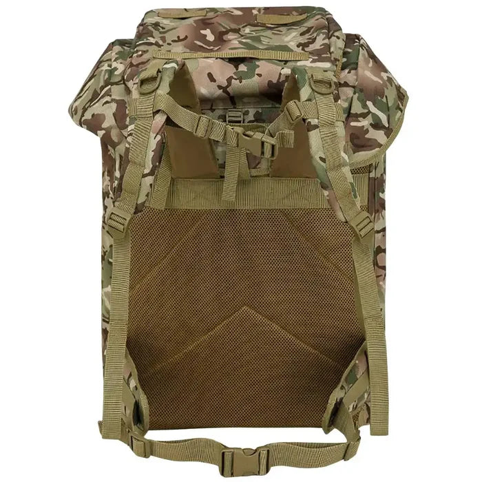 Rear view of Kombat Airborne Bergen 100 Litre BTP backpack showing padded back panel, adjustable shoulder straps, and durable construction for comfort and support.  from  John Bull Clothing