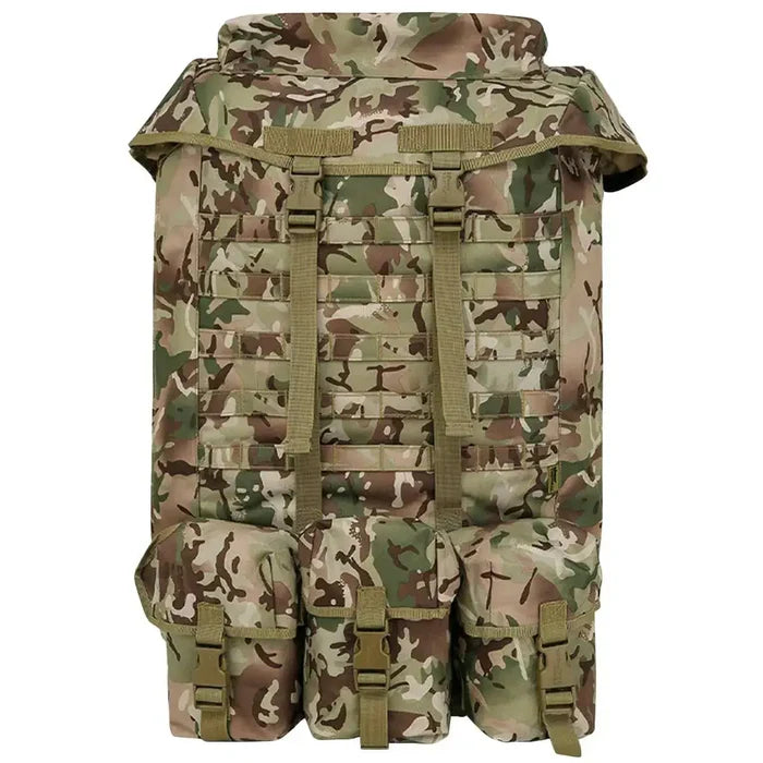 Front view of Kombat Airborne Bergen 100 Litre BTP rucksack with MOLLE webbing and three external pouches, designed for tactical and outdoor gear storage.  from  John Bull Clothing