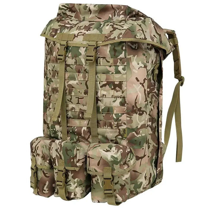 Angled side view of Kombat Airborne Bergen 100 Litre BTP backpack highlighting its spacious design, camouflage pattern, and reinforced tactical build.  from  John Bull Clothing
