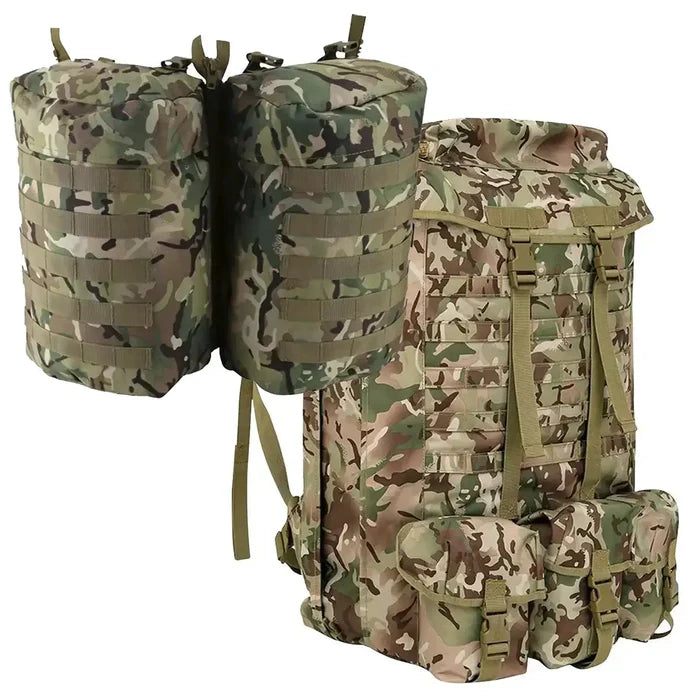 Kombat Airborne Bergen 100 Litre BTP military backpack in rugged BTP camouflage with detachable side pouches and Tac-Poly fabric construction. Bergen + PLCE Side Pockets from  John Bull Clothing
