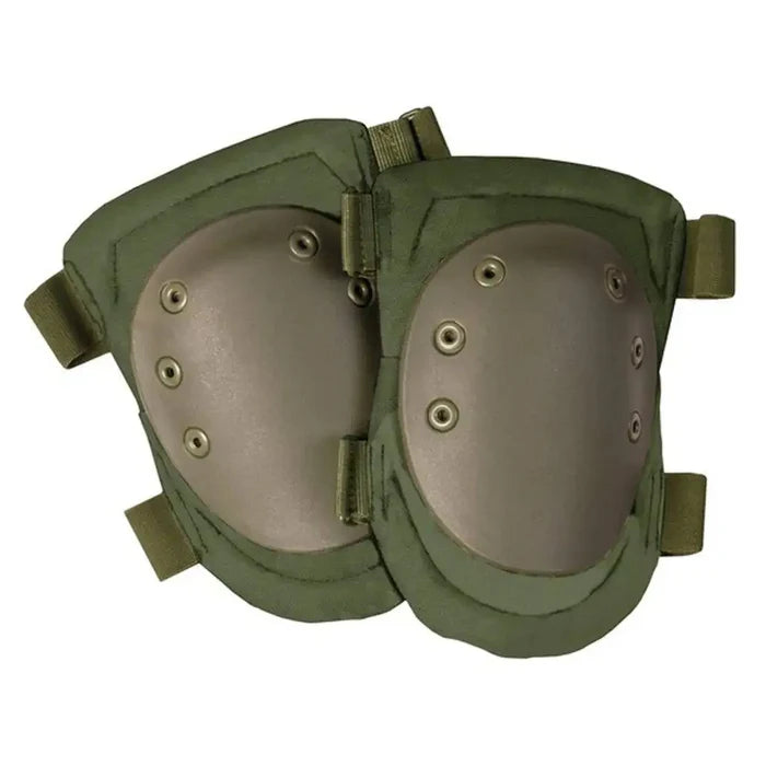 Kombat Airsoft Armoured Knee Pads in olive green with hard shell protection and adjustable straps, designed for tactical and outdoor activities. Green from  John Bull Clothing