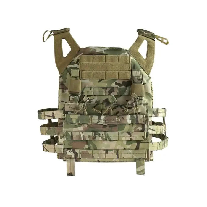 Kombat Buckle-Tek Spec-Ops Jump Plate Carrier in BTP camouflage, designed for airsoft enthusiasts with modular pouches and durable 600D polyester.  from  John Bull Clothing