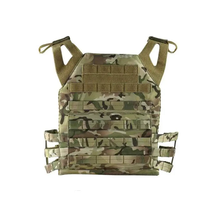 Back view of the Kombat Buckle-Tek Spec-Ops Jump Plate Carrier in BTP camo, showcasing MOLLE webbing for tactical customization. BTP from  John Bull Clothing