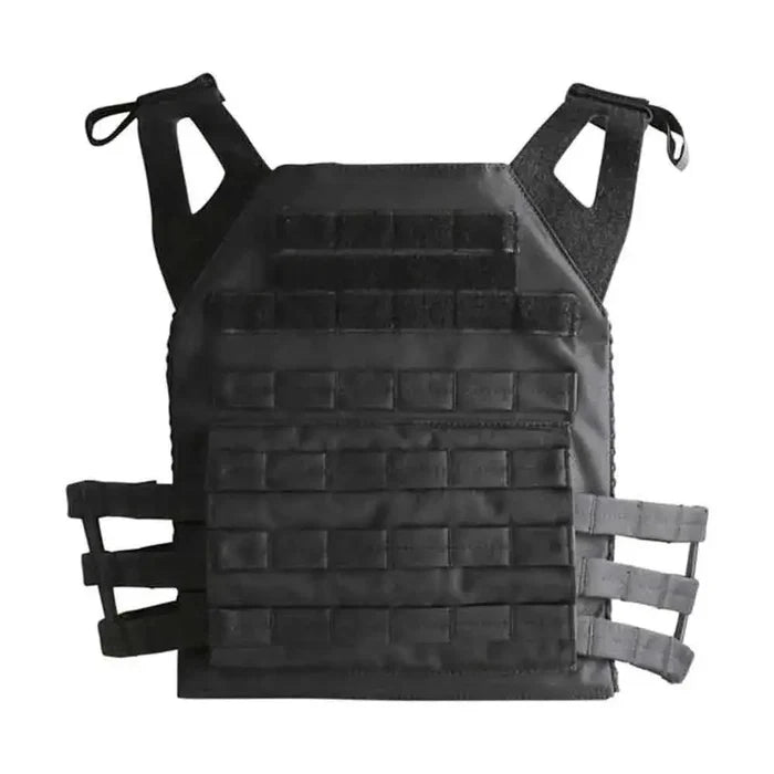 Rear view of the Kombat Buckle-Tek Spec-Ops Jump Plate Carrier in black, featuring MOLLE webbing for tactical gear attachment.  from  John Bull Clothing