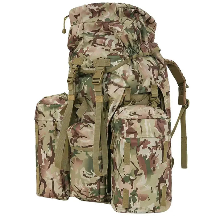 Kombat Full Size PLCE Bergen 120 Litre BTP military backpack with three detachable pouches, ideal for tactical and outdoor use.  from  John Bull Clothing