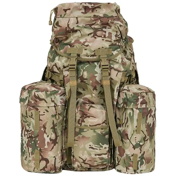 Front view of Kombat Full Size PLCE Bergen 120 Litre BTP backpack in camouflage, designed for rugged outdoor and military applications.  from  John Bull Clothing