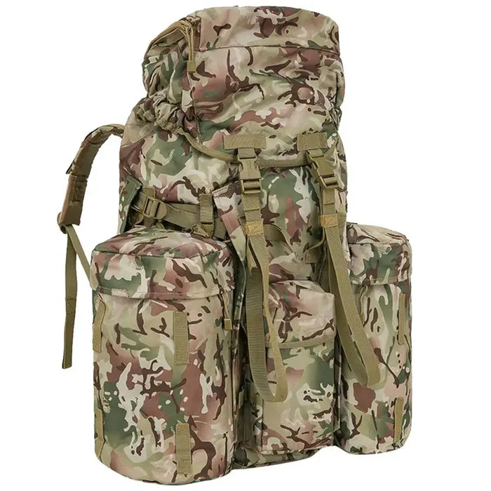 Angled side view of Kombat Full Size PLCE Bergen 120 Litre BTP rucksack showing MOLLE webbing and heavy-duty straps for load support.  from  John Bull Clothing