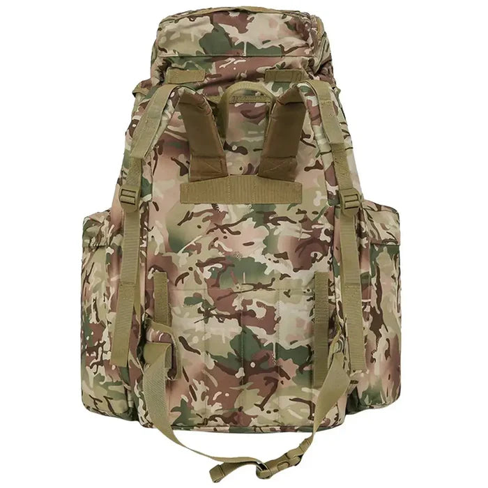 Rear view of Kombat Full Size PLCE Bergen 120 Litre BTP backpack with padded shoulder straps and adjustable waist belt for comfort.  from  John Bull Clothing