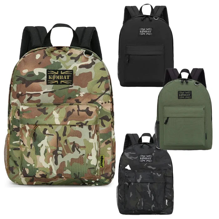 Kombat 18L Street Kids Army Rucksack in four colors, ideal for school, hikes, and outdoor activities. Durable polyester design with multiple compartments.  from  John Bull Clothing
