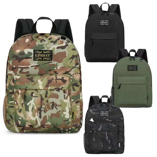 Kombat 18L Street Kids Army Rucksack in four colors, ideal for school, hikes, and outdoor activities. Durable polyester design with multiple compartments.  from  John Bull Clothing
