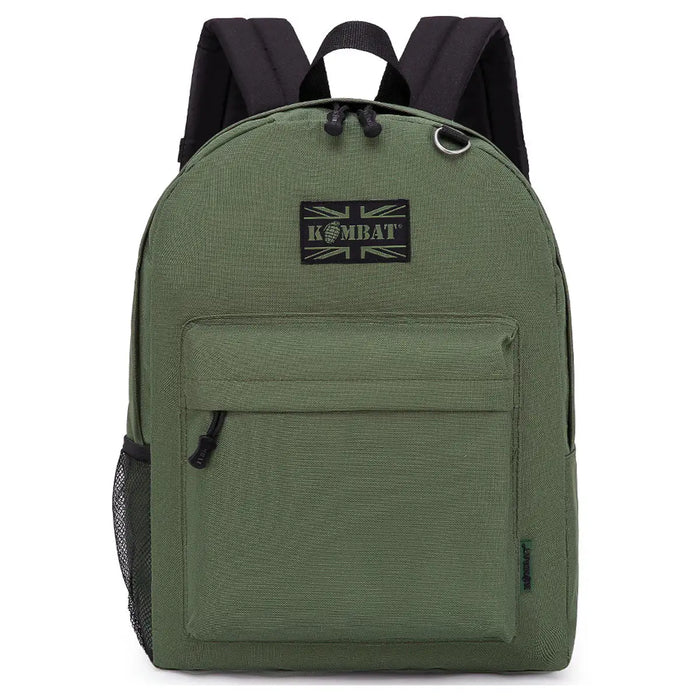 Kombat 18L Street Kids Army Rucksack in olive green with front pocket and mesh side pocket. Perfect for school, day hikes, and outdoor adventures. Olive Green from  John Bull Clothing