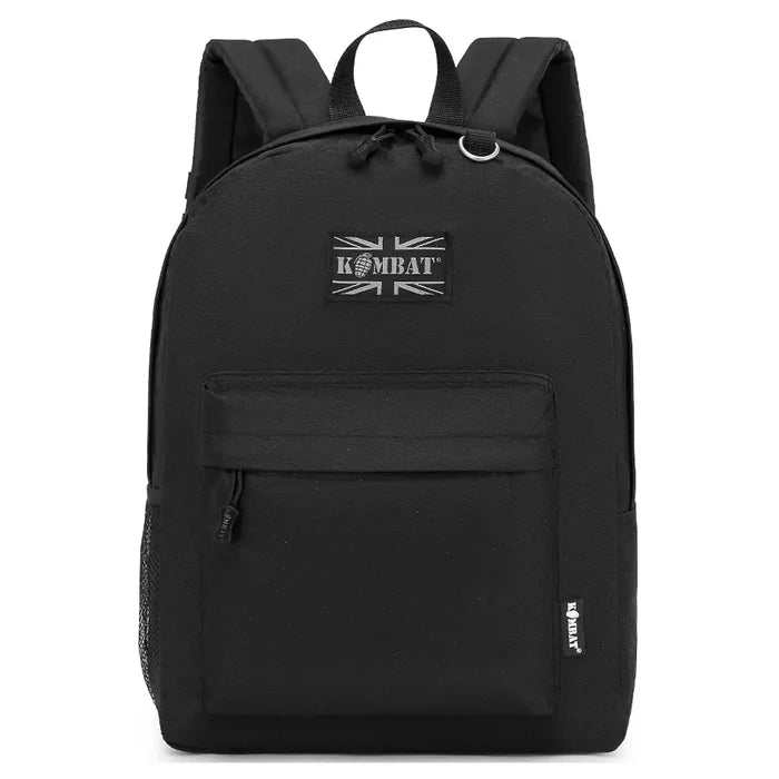 Kombat 18L Street Kids Army Rucksack in black with a front zip pocket and padded straps. A versatile and durable backpack for everyday use. Black from  John Bull Clothing