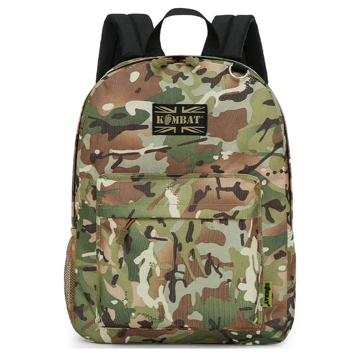Kombat 18L Street Kids Army Rucksack in classic camouflage print with a front pocket and mesh side pocket. Ideal for school, hiking, and outdoor fun. BTP from  John Bull Clothing