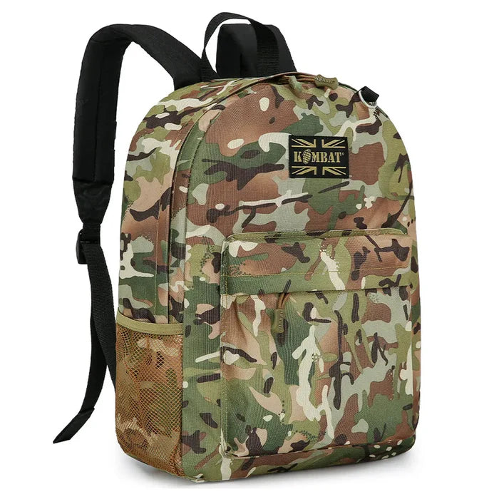 Angled view of the Kombat 18L Street Kids Army Rucksack in camouflage, highlighting its spacious compartments and sturdy design for outdoor use.  from  John Bull Clothing