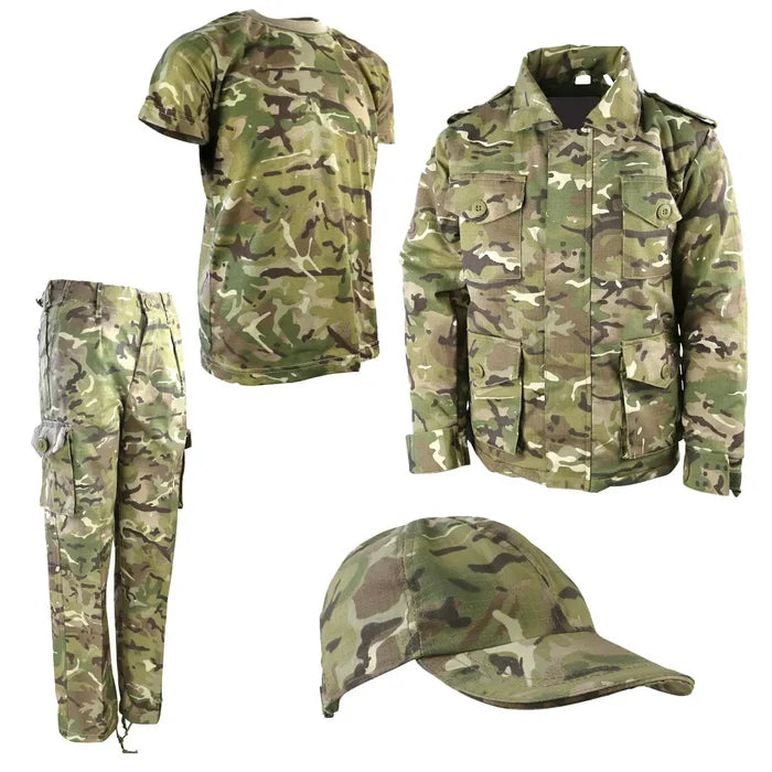 Kombat Kids Adventurer Army Clothing Set BTP featuring a camouflage jacket, t-shirt, trousers, and cap for outdoor adventures.  from  John Bull Clothing
