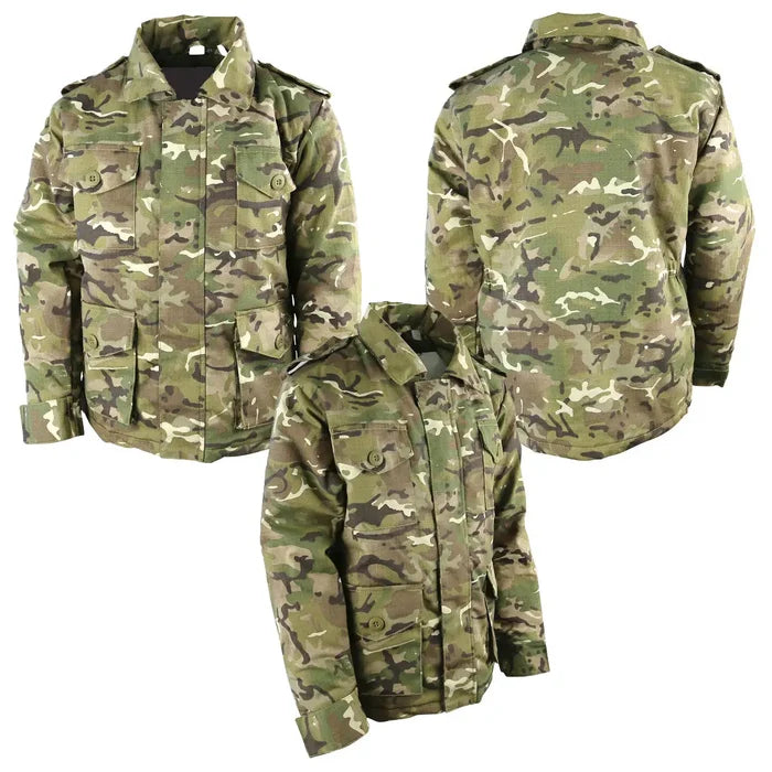 Kombat Kids Adventurer Army Jacket BTP with multiple pockets and epaulets, designed for durability and outdoor activities.  from  John Bull Clothing