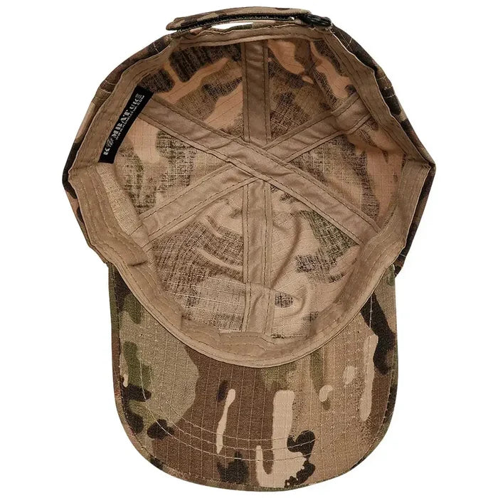 Interior view of kids camouflage baseball cap showing lining and size tag  from  John Bull Clothing