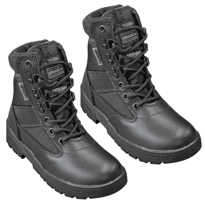 Kombat Kids Half Leather Patrol Black Boots pair with lace-up front and padded collar, ideal for active children’s outdoor wear.  from  John Bull Clothing